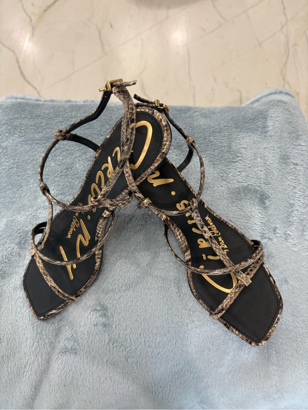 Sam Edelman Snake-Print Strappy Sandals in Black and Brown